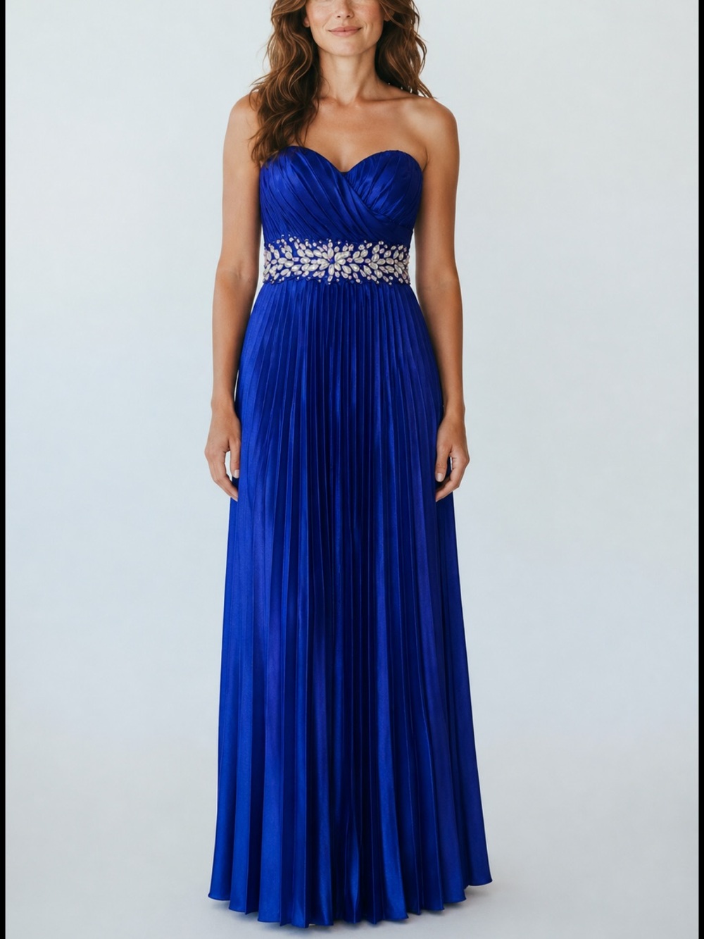 Royal Blue Pleated Strapless Prom Gown – Rhinestone Imperial Waist Maxi Size 3